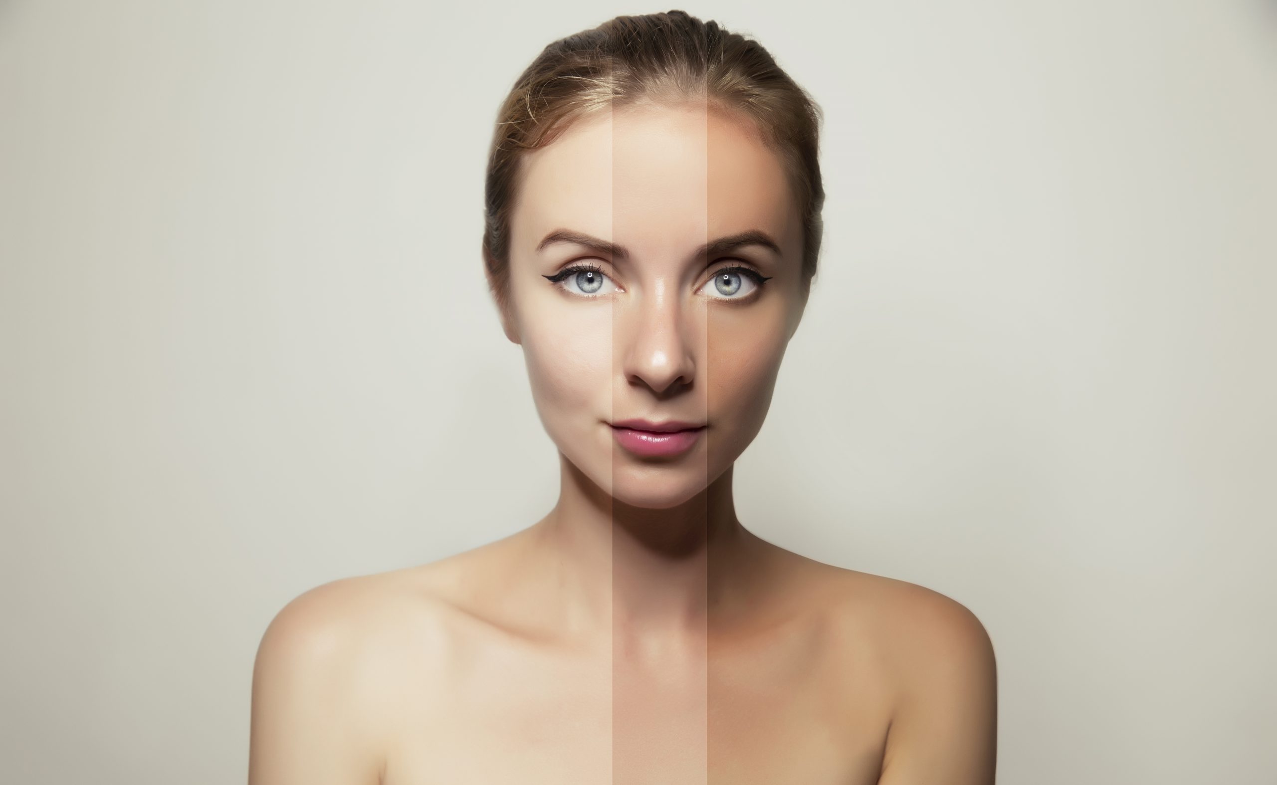 Stages of tanning. Isolated women on white background.