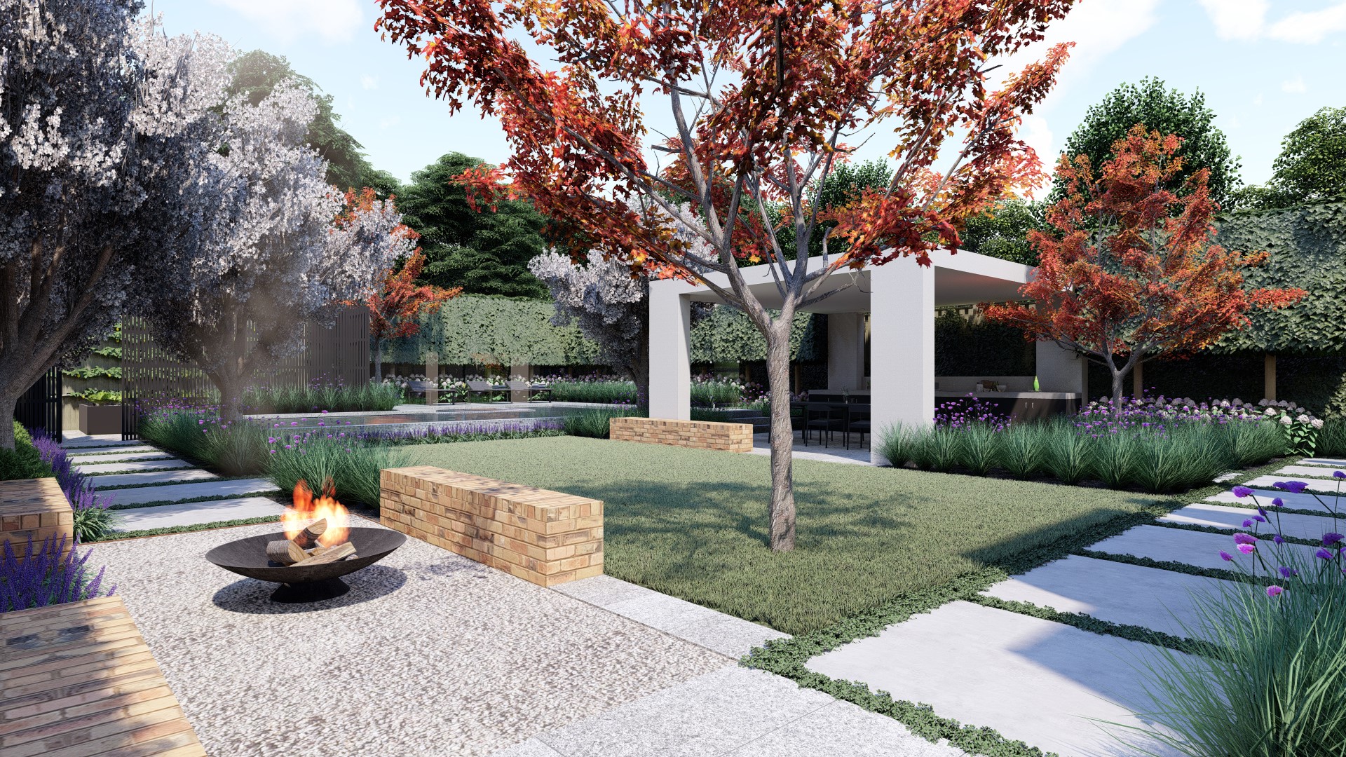 3D Architectural Rendering displaying a serene garden space with a fire pit, lush landscaping, and diverse foliage in a suburban backyard.